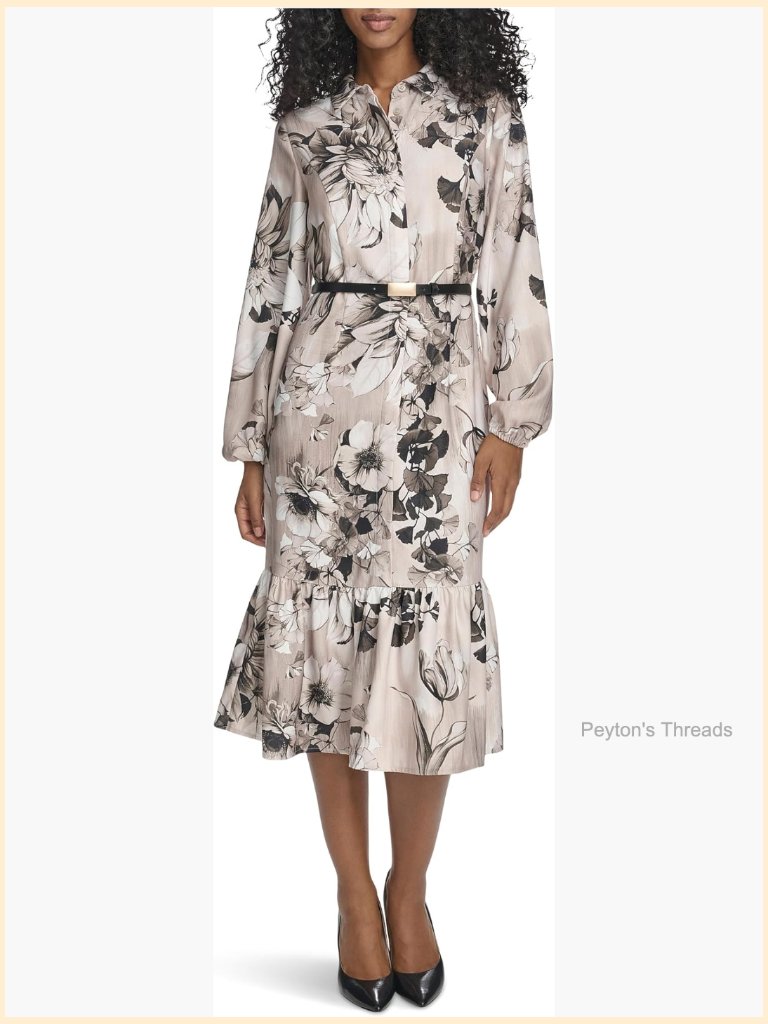 Long Balloon Sleeve Collared Neck Belted Ruffle Hem Midi Dress